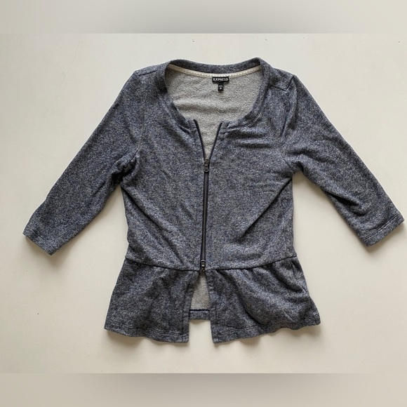 Express Blue Heather Gray Zip Front Peplum 3/4 Sleeve Sweater Women’s Medium - Picture 3 of 8